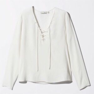 WILFRED FREE Aritzia Redling Blouse White Lace-up Rayon Size Small Long Sleeve